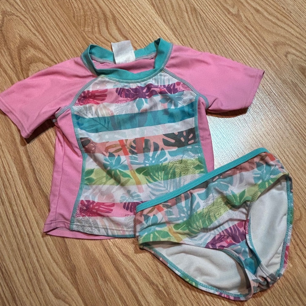 Jantzen Girls Pink‎ Tropical Palm Leaf Rash Guard Swimsuit Set Size 6